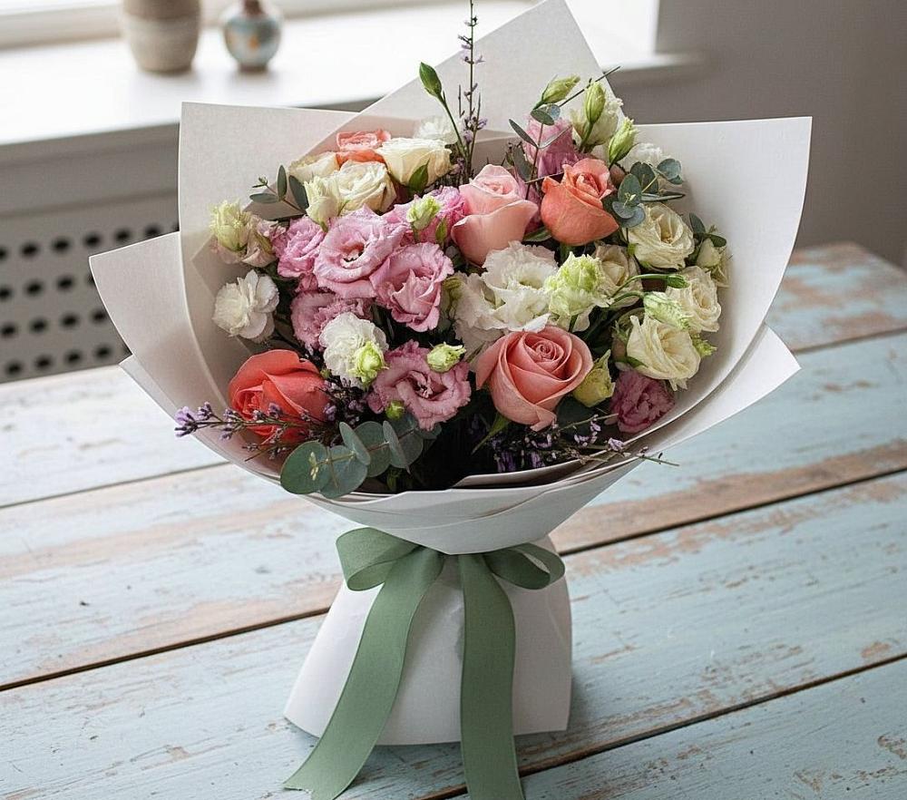 Букет цветов из: Розы, Лизиантусы и Гвоздики в Квиток