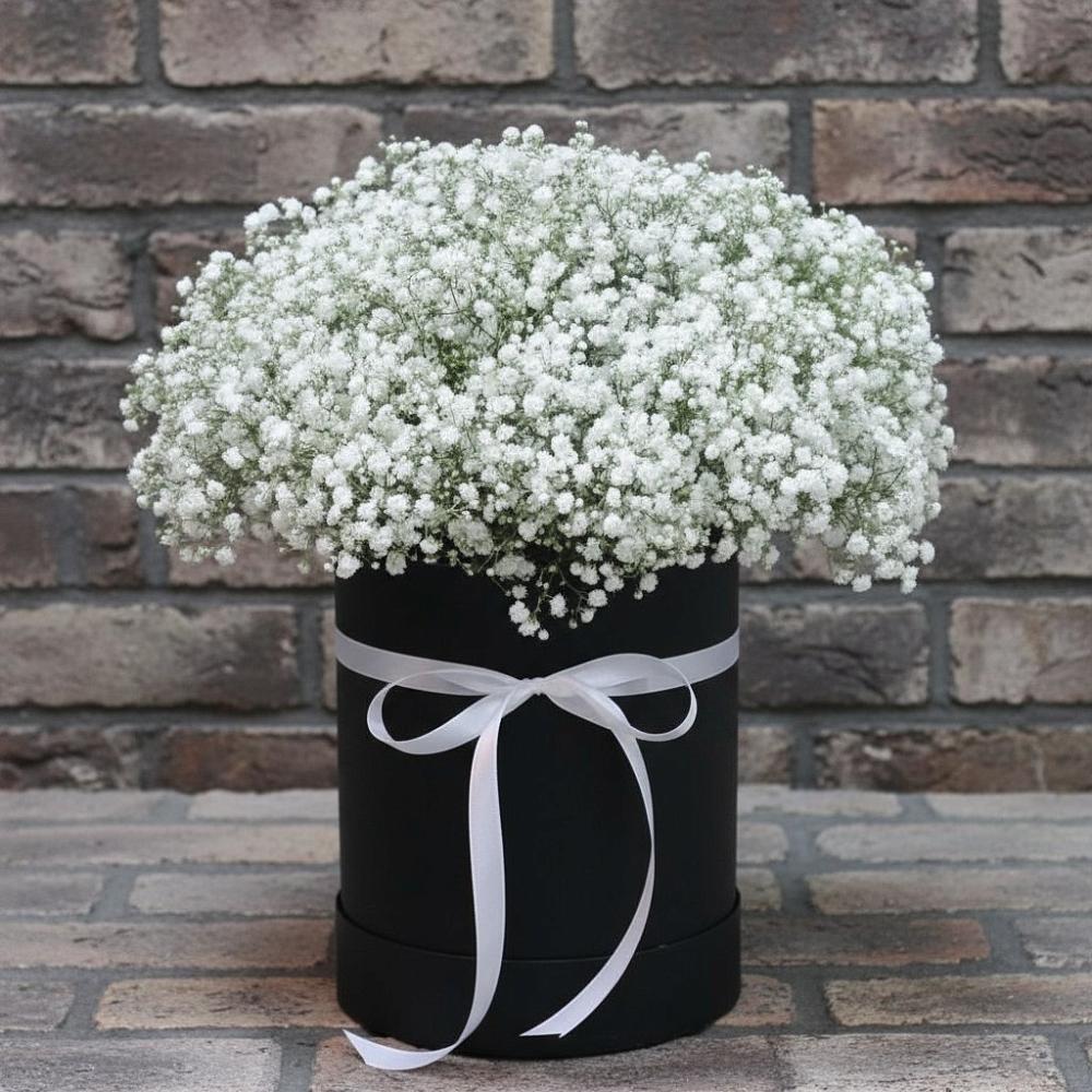 Цветочная композиция из Гипсофила в шляпной коробке в Квиток