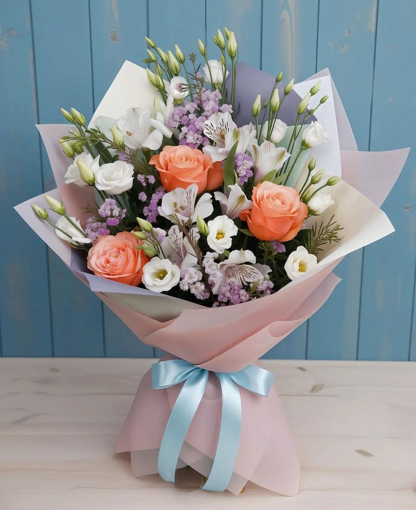 Букет цветов из: Лизиантусы, Розы, Альстромерии и Гипсофила в Квиток