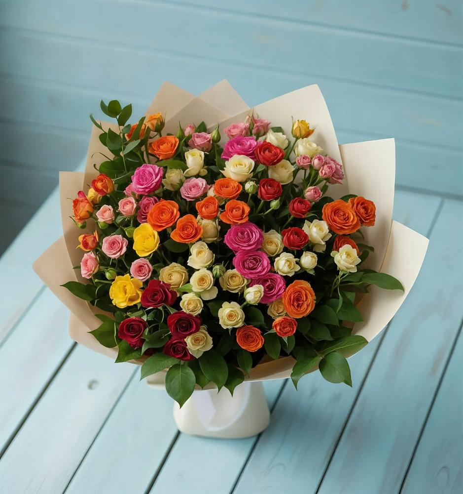Букет Микс из разноцветных кустовых роз в Квиток