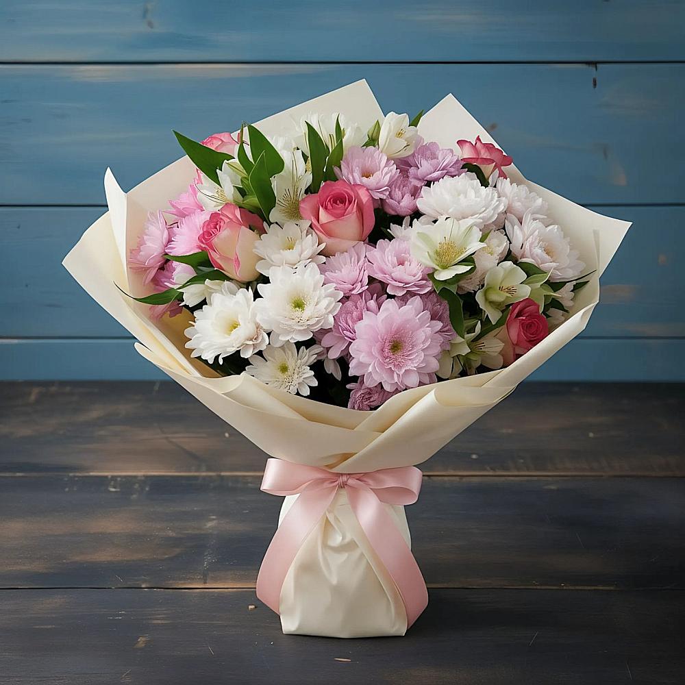 Букет цветов из: Хризантемы, Альстромерии и Розы в Квиток